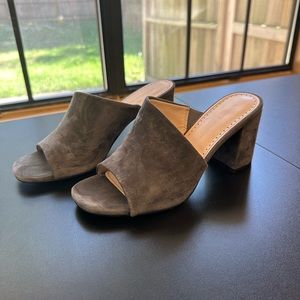 Grey suede asymmetrical block heels